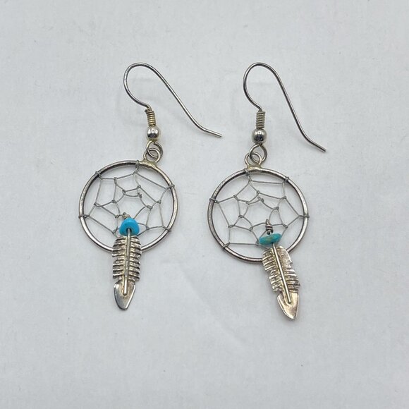 Dream Catcher Turquoise Sterling Silver Native American Earrings - Picture 5 of 5